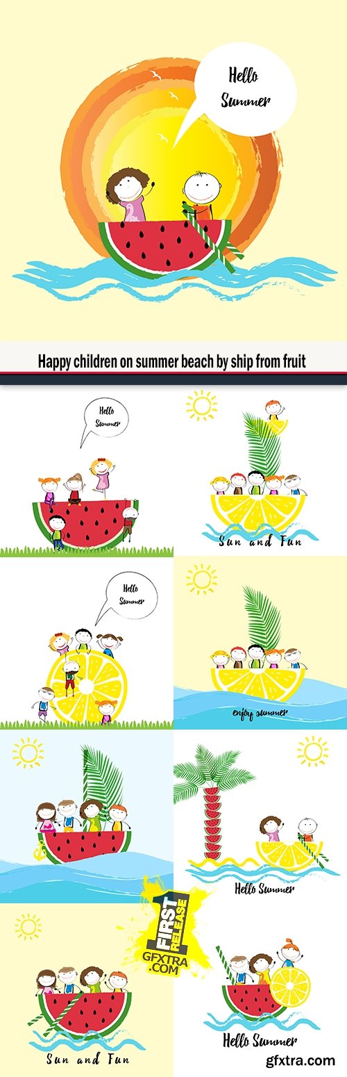 Happy children on summer beach by ship from fruit