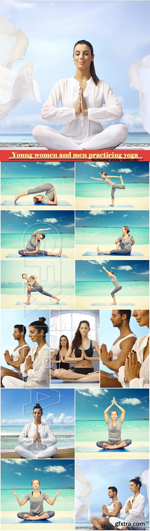 Young women and men practicing yoga