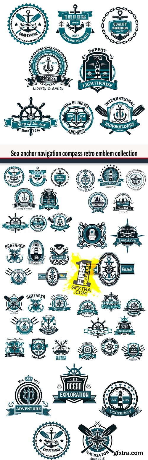 Sea anchor navigation compass retro emblem collection