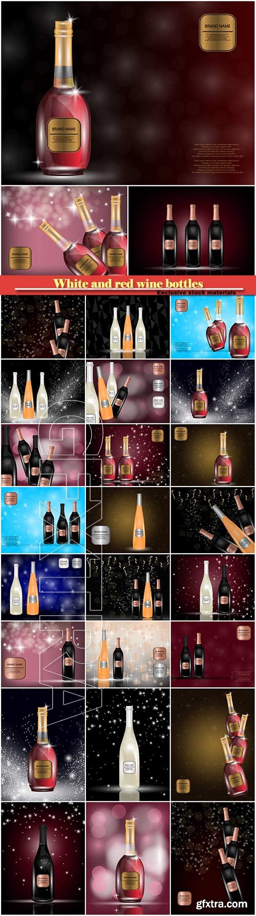 White and red wine bottles on the sparkling vector background