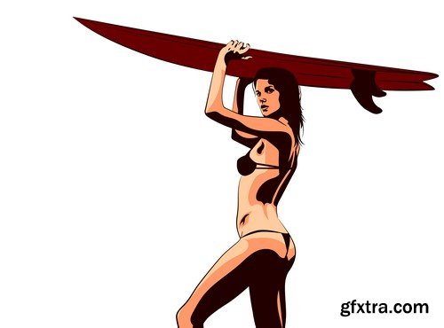 Girl with surfboard - 5 EPS