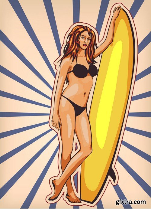 Girl with surfboard - 5 EPS