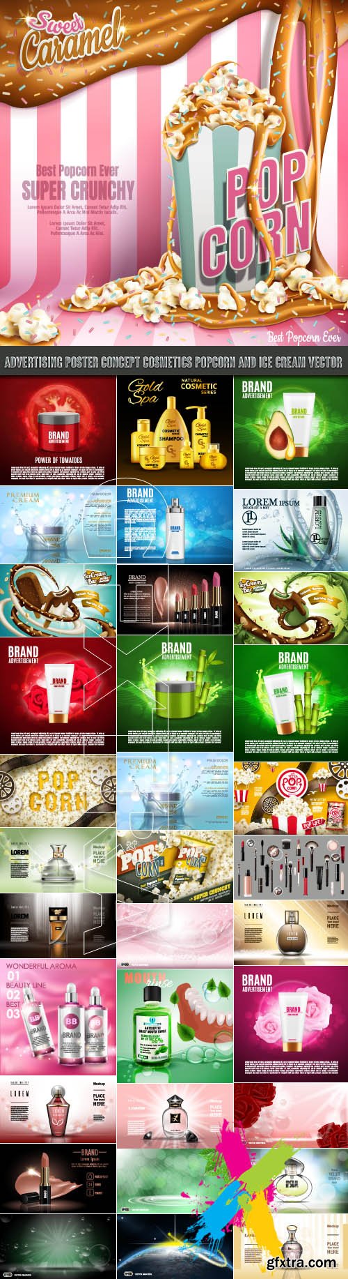 Advertising Poster Concept Cosmetics Popcorn and Ice cream vector