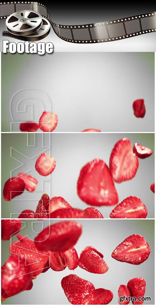 Video footage Whole and halves of strawberries flying in the air on a white background