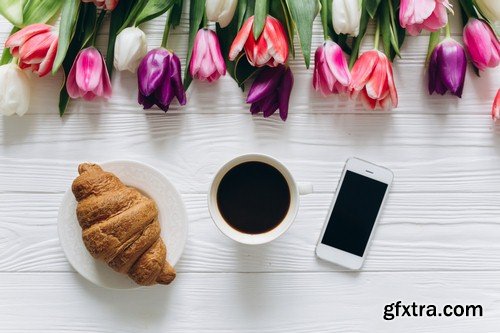 Coffee croissant and tulips - 5 UHQ JPEG