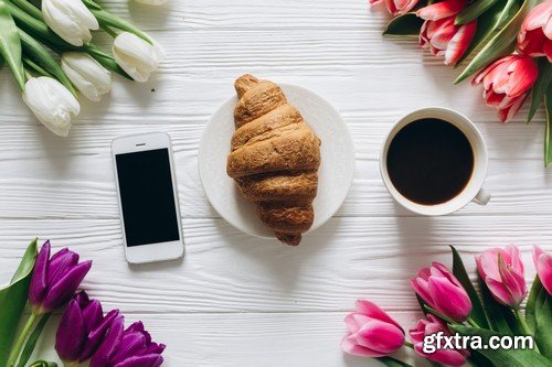 Coffee croissant and tulips - 5 UHQ JPEG