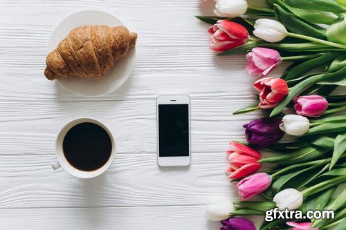 Coffee croissant and tulips - 5 UHQ JPEG