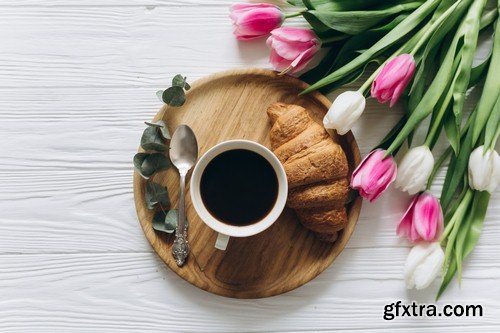 Coffee croissant and tulips - 5 UHQ JPEG