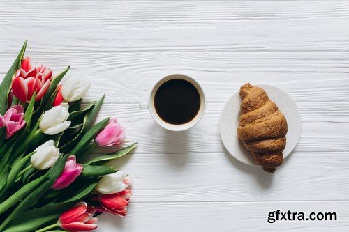 Coffee croissant and tulips - 5 UHQ JPEG