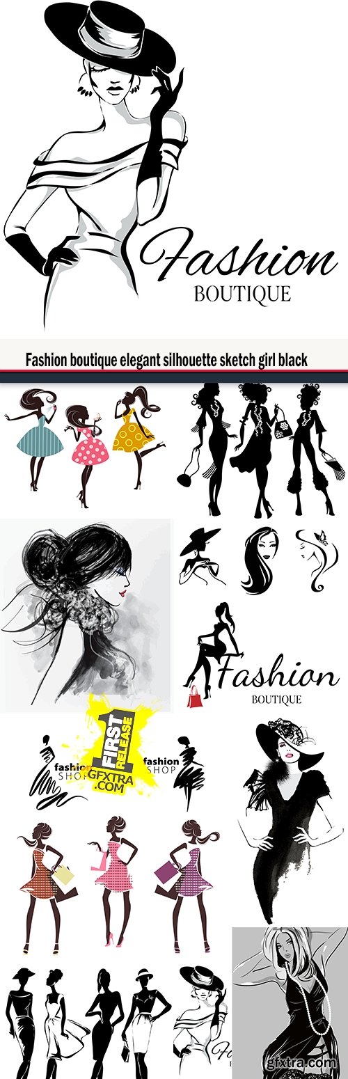 Fashion boutique elegant silhouette sketch girl black