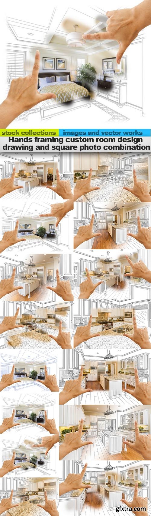 Hands framing custom room design drawing and square photo combination, 15 x UHQ JPEG