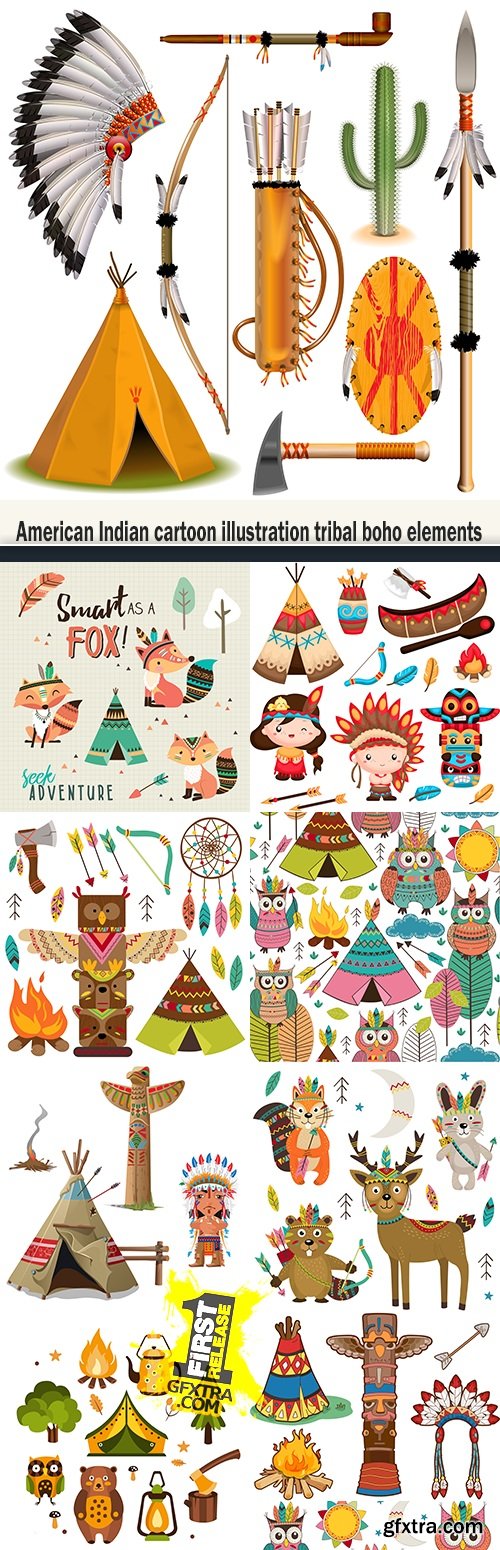 American Indian cartoon illustration tribal boho elements