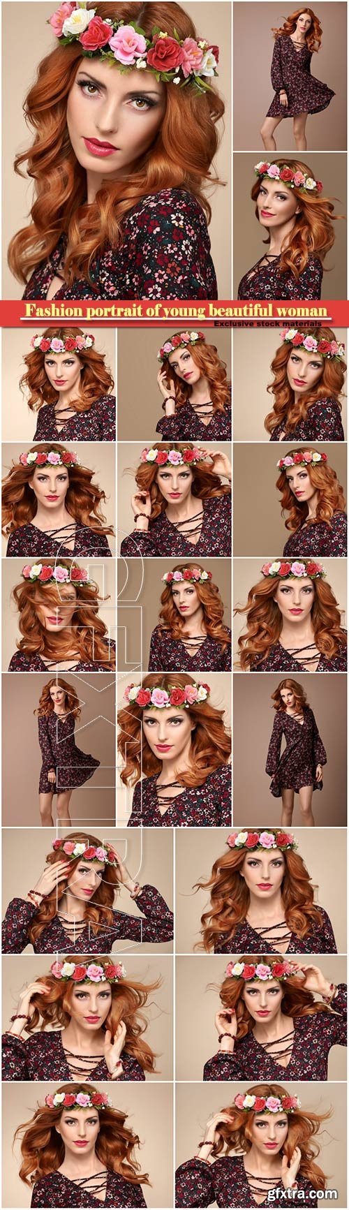 Beautiful curly redhead in fashion flower wreath