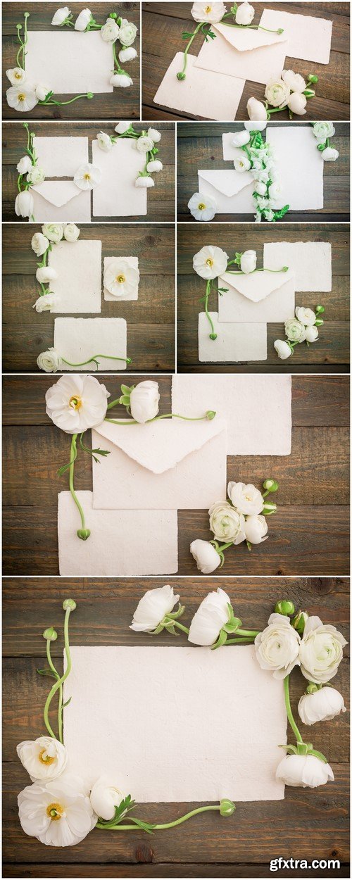 Cards and flowers on wooden background 8X JPEG