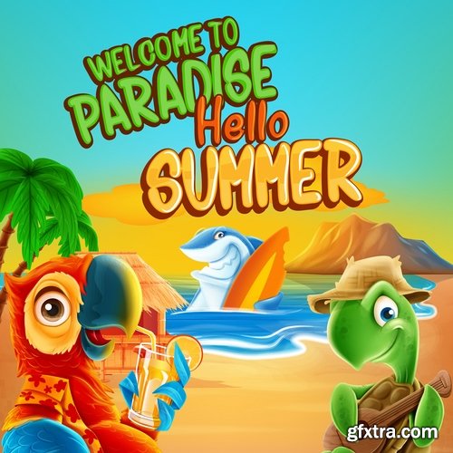 Summer flyer banner with cartoon character sea sun travel day vacation 16 EPS