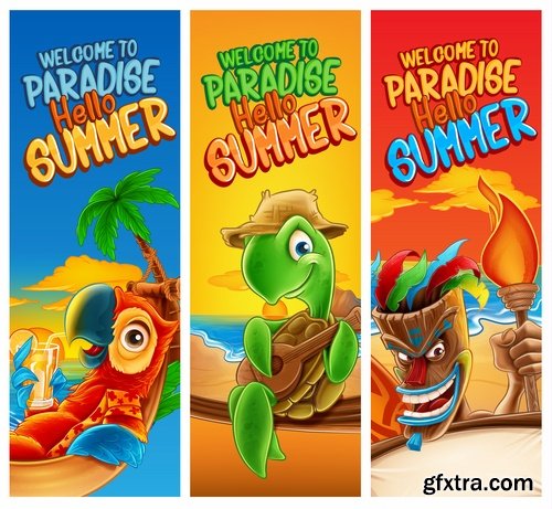 Summer flyer banner with cartoon character sea sun travel day vacation 16 EPS