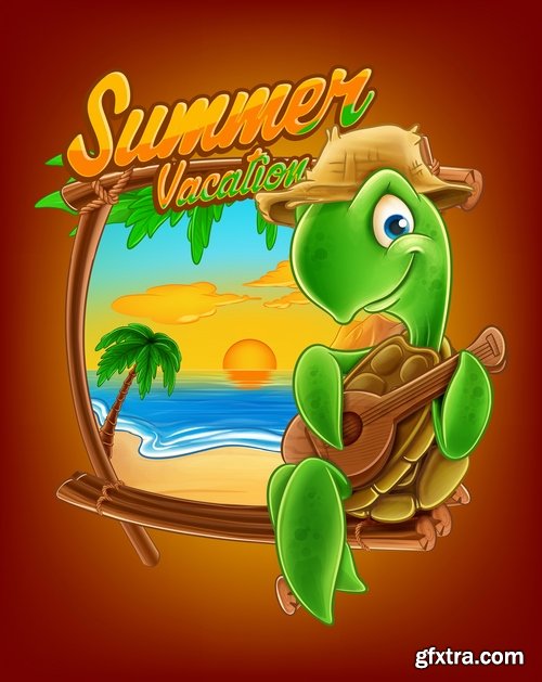 Summer flyer banner with cartoon character sea sun travel day vacation 16 EPS