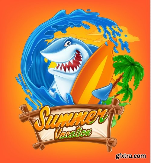 Summer flyer banner with cartoon character sea sun travel day vacation 16 EPS