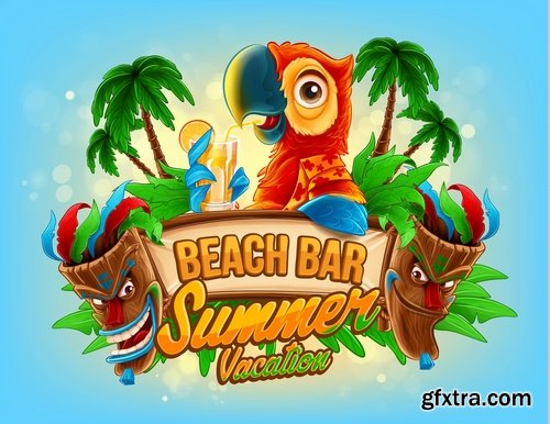 Summer flyer banner with cartoon character sea sun travel day vacation 16 EPS