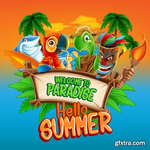 Summer flyer banner with cartoon character sea sun travel day vacation 16 EPS