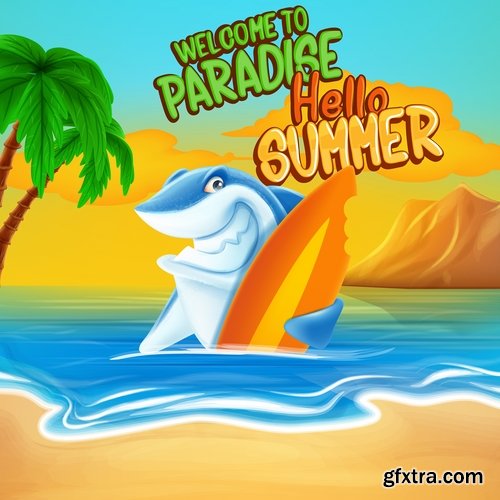 Summer flyer banner with cartoon character sea sun travel day vacation 16 EPS