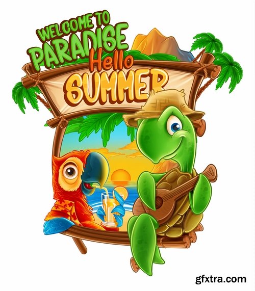 Summer flyer banner with cartoon character sea sun travel day vacation 16 EPS