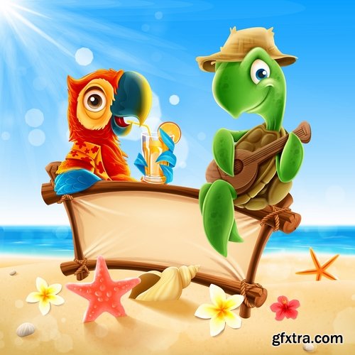 Summer flyer banner with cartoon character sea sun travel day vacation 16 EPS