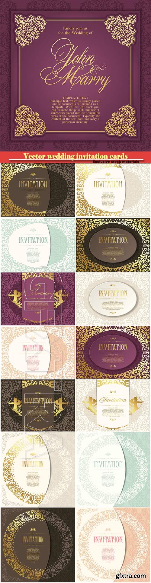 Vector wedding invitation cards with gold patterns