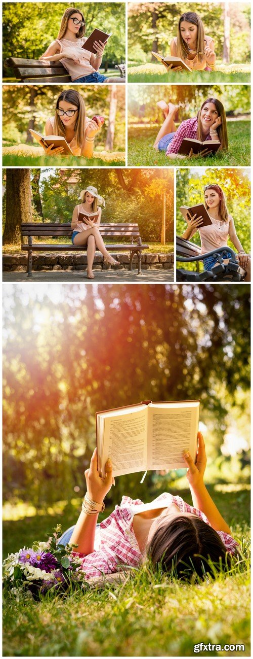 Young woman reading a book in the park 7X JPEG