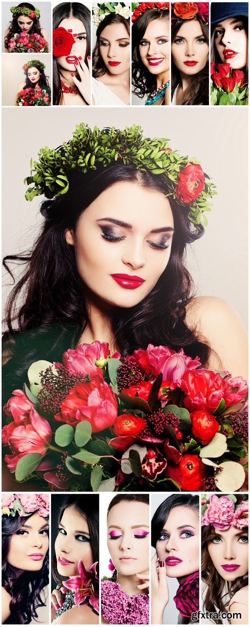 Beautiful Woman with Curly Hair, Makeup and Flowers 5X JPEG