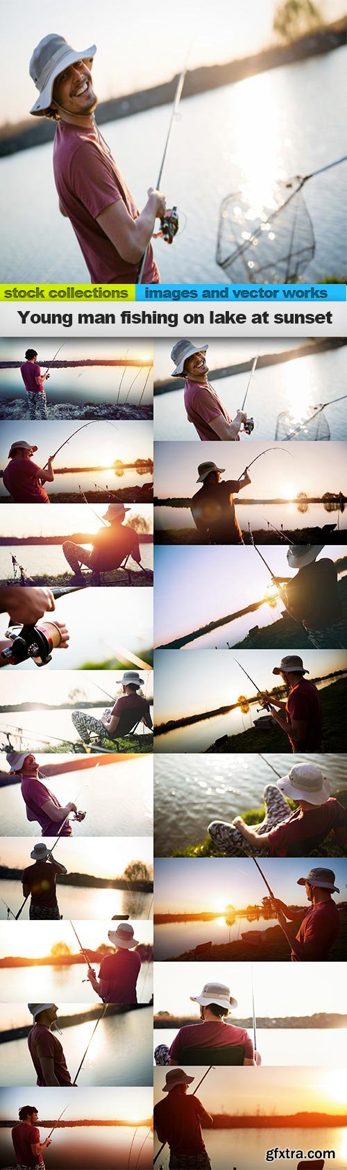 Young man fishing on lake at sunset, 20 x UHQ JPEG