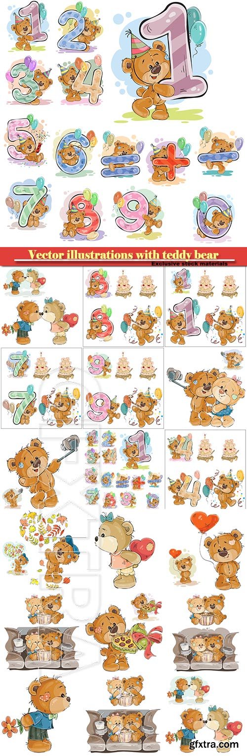 Vector illustrations with teddy bear, design elements for birthday greeting cards