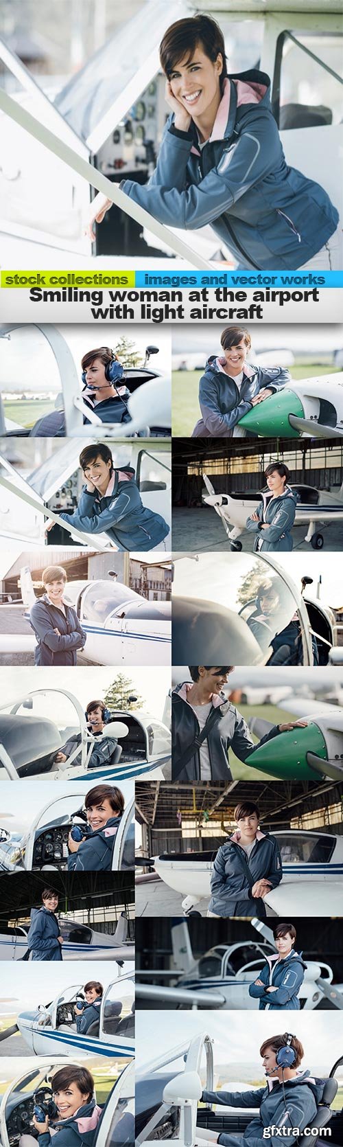 Smiling woman at the airport with light aircraft, 15 x UHQ JPEG