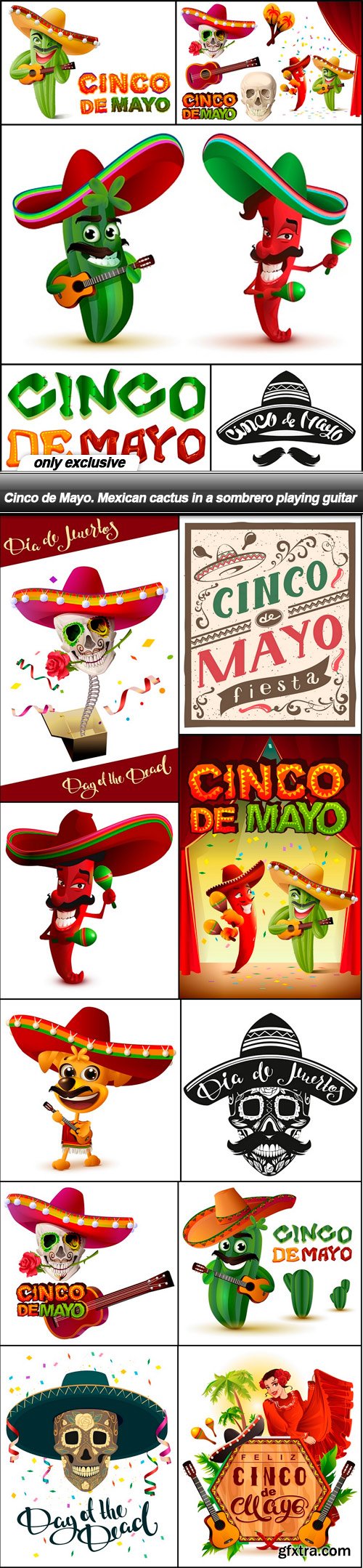 Cinco de Mayo. Mexican cactus in a sombrero playing guitar - 15 EPS