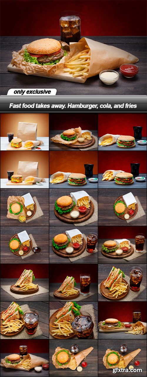 Fast food takes away. Hamburger, cola, and fries - 21 UHQ JPEG