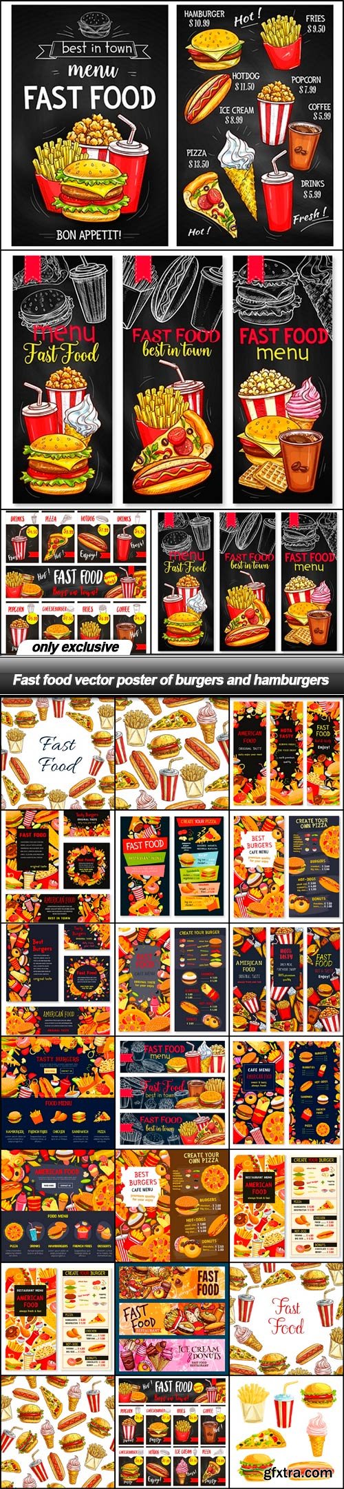 Fast food vector poster of burgers and hamburgers - 25 EPS