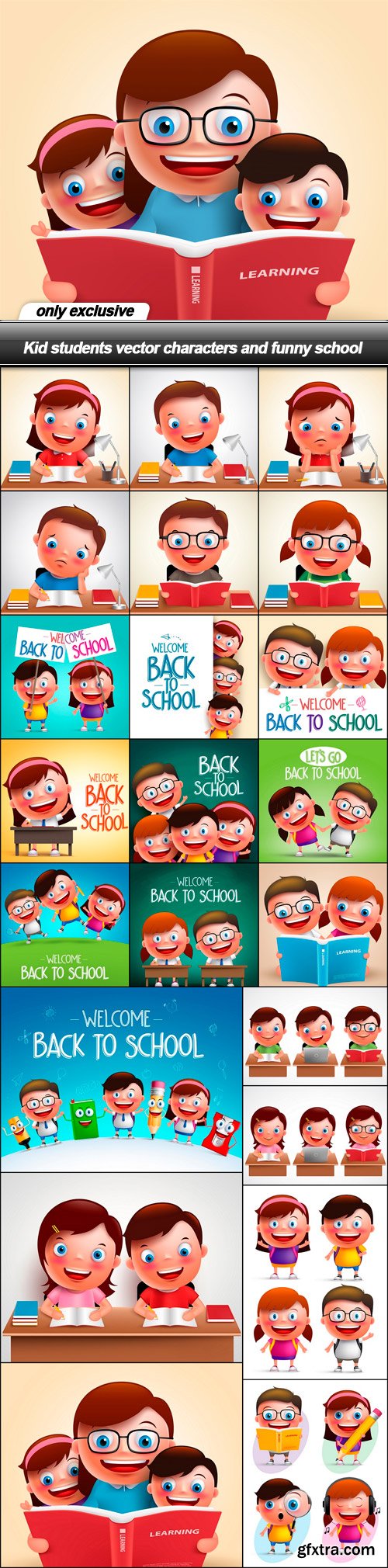 Kid students vector characters and funny school - 22 EPS