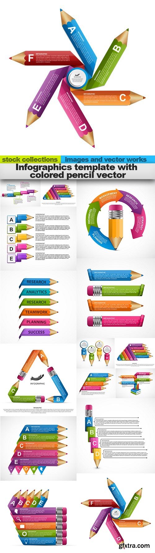 Infographics template with colored pencil vector, 15 x EPS