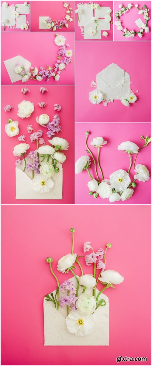 Cards and flowers on a pink background 9X JPEG