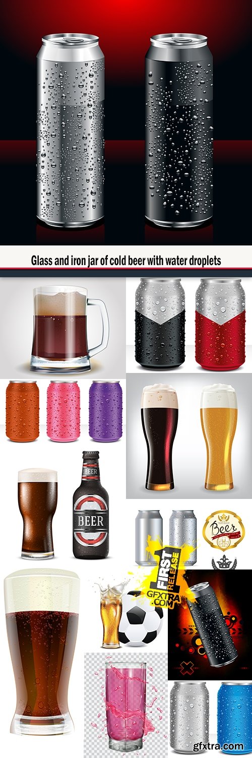 Glass and iron jar of cold beer with water droplets