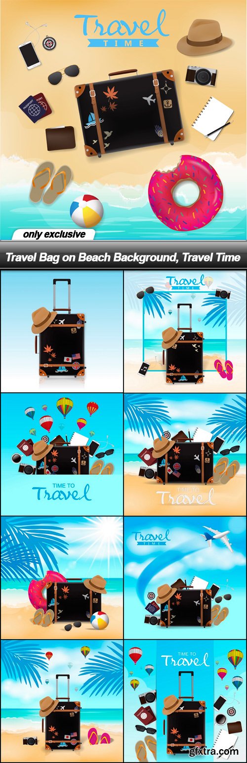 Travel Bag on Beach Background, Travel Time - 9 EPS