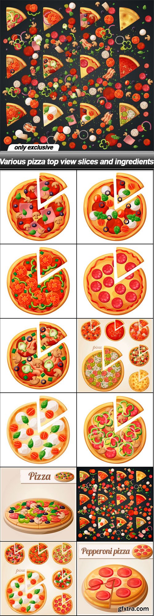 Various pizza top view slices and ingredients - 12 EPS