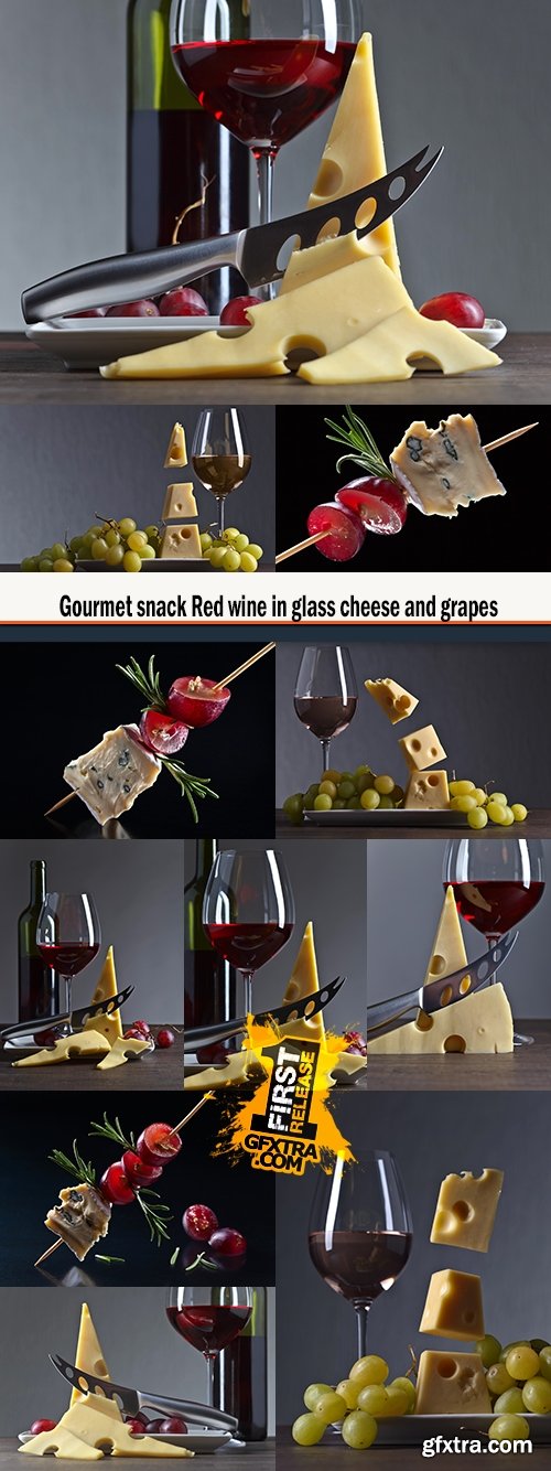 Gourmet snack Red wine in glass cheese and grapes