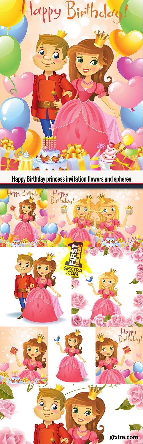 Happy Birthday princess invitation flowers and spheres