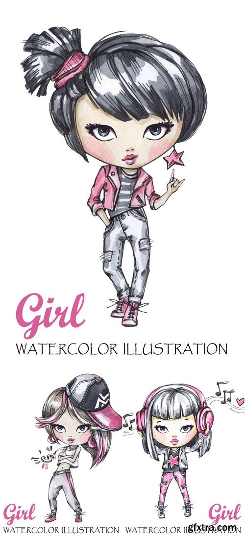 Watercolor modern rock girl 3X JPEG