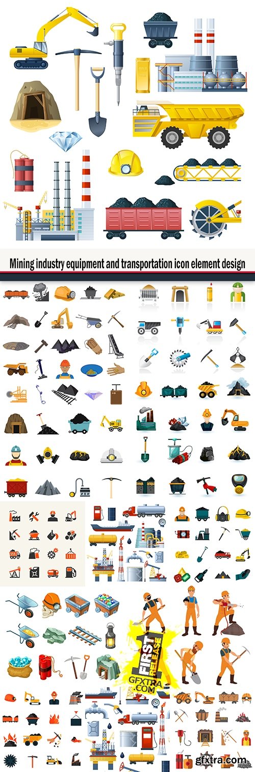 Mining industry equipment and transportation icon element design