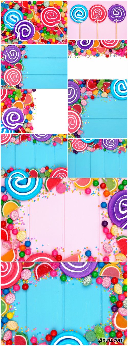 Background of colorful assorted lollipops, gum balls, and jelly candies 10X JPEG