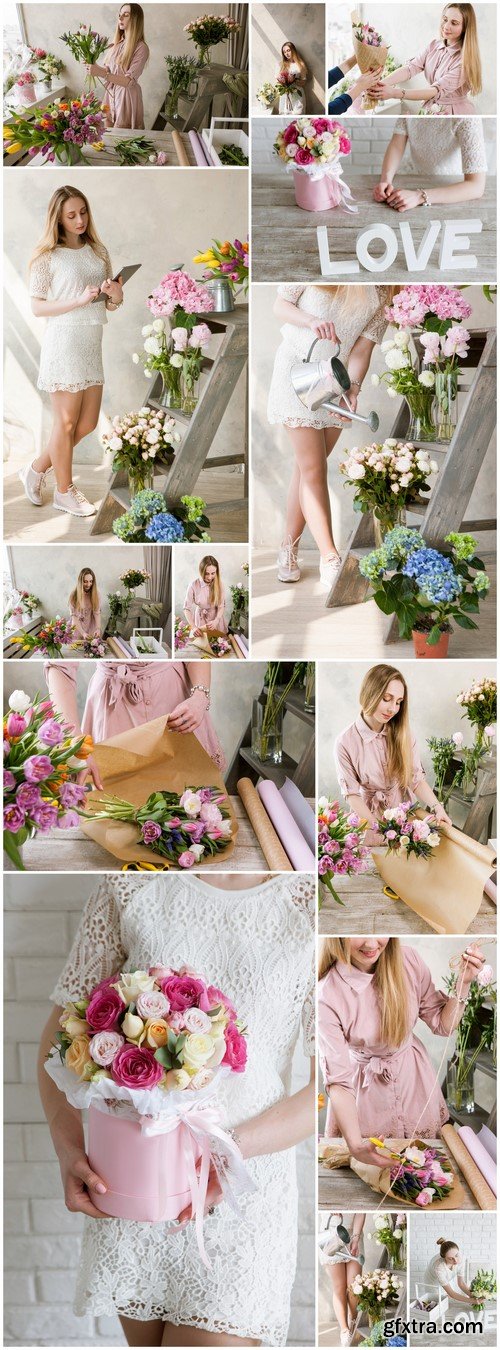 Woman packing pink spring bouquet 14X JPEG