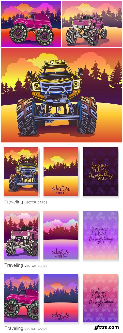 Cartoon Monster Truck Vector set of artistic colorful cards 6X EPS