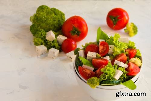 Lettuce Leaves, Cherry Tomatoes, Cucumber, Broccoli and Tofu Salad